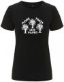 Zum tailliertes Fairtrade T-Shirt "More Trees - Less Paper" für 18,10 € gehen.