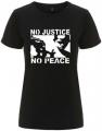Zum tailliertes Fairtrade T-Shirt "No Justice - No Peace" für 18,10 € gehen.
