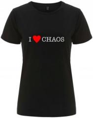 Zum tailliertes Fairtrade T-Shirt "I love Chaos" für 18,10 € gehen.