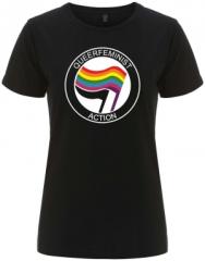 Zum tailliertes Fairtrade T-Shirt "Queerfeminist Action" für 18,10 € gehen.