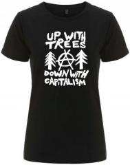 Zum tailliertes Fairtrade T-Shirt "Up with Trees - Down with Capitalism" für 18,10 € gehen.
