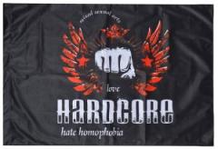 Zur Fahne / Flagge (ca. 150x100cm) "mixed sexual arts love Hardcore - hate homophobia" für 25,00 € gehen.
