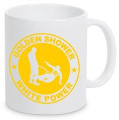 Zur Tasse "Golden Shower white power" für 10,00 € gehen.