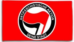 Zur Fahne / Flagge (ca. 150x100cm) "Antifaschistische Aktion (rot/schwarz) Deine Stadt" für 25,00 € gehen.