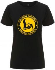 Zum tailliertes Fairtrade T-Shirt "Golden Shower white power" für 18,10 € gehen.