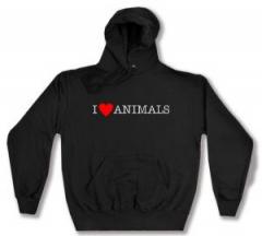 Zum Kapuzen-Pullover "I love Animals" für 25,34 € gehen.