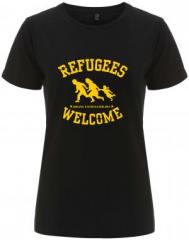 Zum tailliertes Fairtrade T-Shirt "Refugees welcome" für 18,10 € gehen.