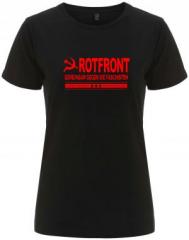 Zum tailliertes Fairtrade T-Shirt "Rotfront - Gemeinsam gegen die Faschisten" für 18,10 € gehen.