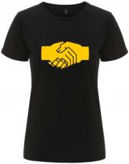 Zum tailliertes Fairtrade T-Shirt "Sozialistischer Handschlag" für 18,10 € gehen.